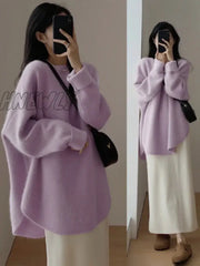 Hnewly Solid Knitted Sweater Women Split Oversized O-Neck Casual All-Match Pullover Female Long