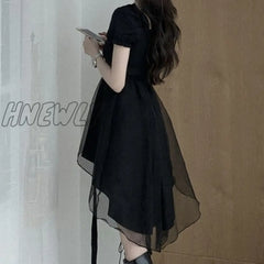 Hnewly Solid Mini Dresses Women Black Mesh Irregular Slim Square Collar Puff Sleeves Ruffles Korean