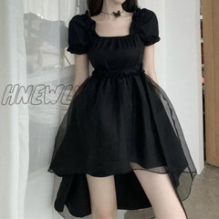 Hnewly Solid Mini Dresses Women Black Mesh Irregular Slim Square Collar Puff Sleeves Ruffles Korean