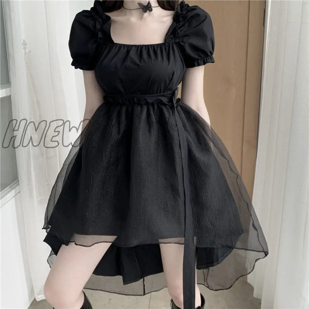 Hnewly Solid Mini Dresses Women Black Mesh Irregular Slim Square Collar Puff Sleeves Ruffles Korean