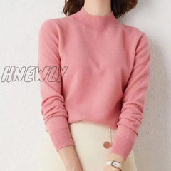 Hnewly Solid Mock Neck Cashmere Sweater Female Autumn Winter Loose Plus-Size Knitted Wool Bottoming