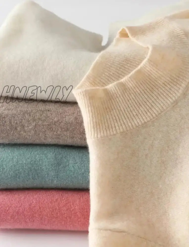 Hnewly Solid Mock Neck Cashmere Sweater Female Autumn Winter Loose Plus-Size Knitted Wool Bottoming