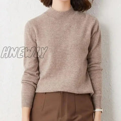 Hnewly Solid Mock Neck Cashmere Sweater Female Autumn Winter Loose Plus-Size Knitted Wool Bottoming