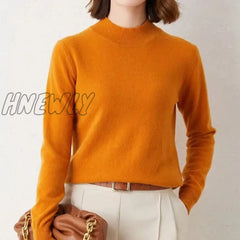 Hnewly Solid Mock Neck Cashmere Sweater Female Autumn Winter Loose Plus-Size Knitted Wool Bottoming