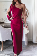 Hnewly - Solid Patchwork One Shoulder Irregular Dress Dresses(3 Colors) Rose Red / S Dresses/Party