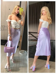 Hnewly Solid Purple Satin Silk Skirt Women High Waisted Summer Long New Elegant Ladies Office