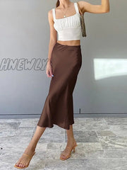 Hnewly Solid Purple Satin Silk Skirt Women High Waisted Summer Long New Elegant Ladies Office