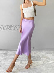 Hnewly Solid Purple Satin Silk Skirt Women High Waisted Summer Long New Elegant Ladies Office