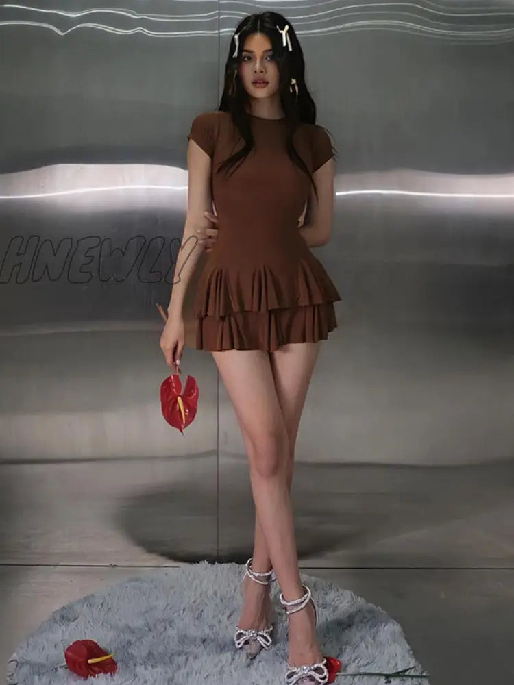 Hnewly Solid Sexy Dress Short Sleeve O-Neck Vintage Dresses For Women Ruffle Y2K Clothes One Piece