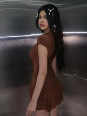Hnewly Solid Sexy Dress Short Sleeve O-Neck Vintage Dresses For Women Ruffle Y2K Clothes One Piece