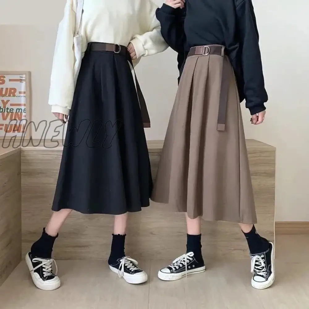 Hnewly Solid Skirts Women Mid-Calf High Waist Friends Korean Style Elegant College Spring Autumn
