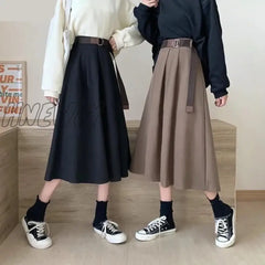 Hnewly Solid Skirts Women Mid-Calf High Waist Friends Korean Style Elegant College Spring Autumn