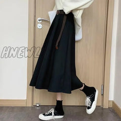 Hnewly Solid Skirts Women Mid-Calf High Waist Friends Korean Style Elegant College Spring Autumn