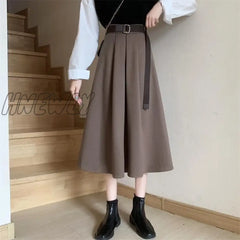 Hnewly Solid Skirts Women Mid-Calf High Waist Friends Korean Style Elegant College Spring Autumn