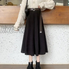 Hnewly Solid Skirts Women Mid-Calf High Waist Friends Korean Style Elegant College Spring Autumn