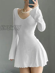 Hnewly Solid U Neck Backless Sexy Mini Dress Y2K A-Line Flared Long Sleeves Knitted Women Basic