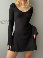 Hnewly Solid U Neck Backless Sexy Mini Dress Y2K A-Line Flared Long Sleeves Knitted Women Basic