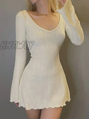 Hnewly Solid U Neck Backless Sexy Mini Dress Y2K A-Line Flared Long Sleeves Knitted Women Basic