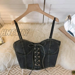 Hnewly Spaghetti Strap Denim Drawstring Tanks Camis For Women Almighty Summer Sexy Femme Corset