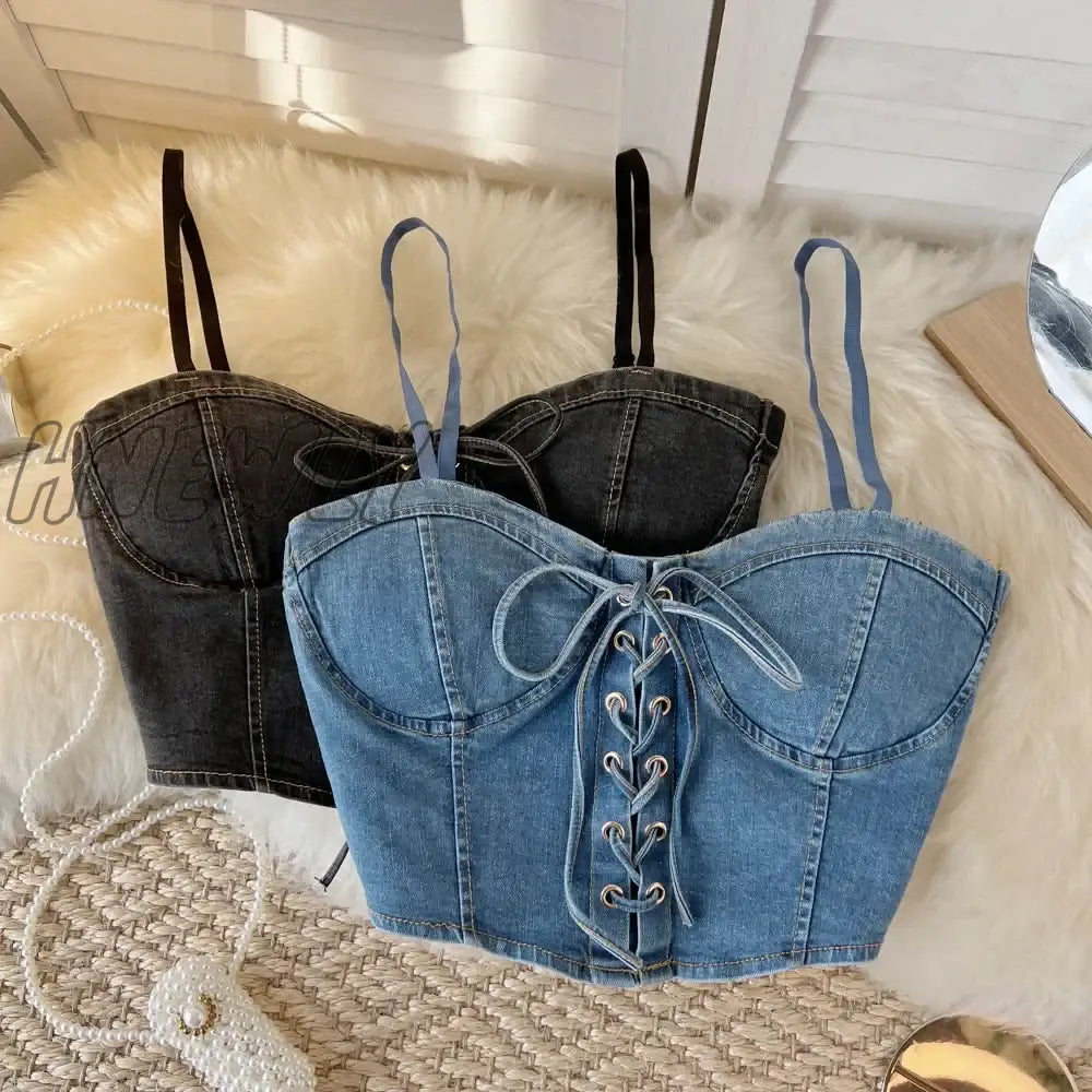 Hnewly Spaghetti Strap Denim Drawstring Tanks Camis For Women Almighty Summer Sexy Femme Corset