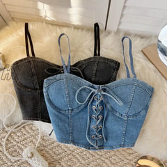Hnewly Spaghetti Strap Denim Drawstring Tanks Camis For Women Almighty Summer Sexy Femme Corset