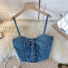 Hnewly Spaghetti Strap Denim Drawstring Tanks Camis For Women Almighty Summer Sexy Femme Corset
