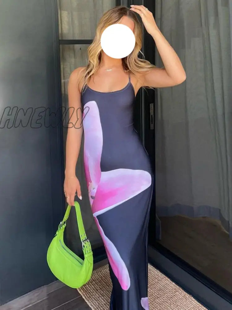 Hnewly Spaghetti Strap Lily Floral Slip Dress Summer Casual Printed Maxi Dresses Backless Bodycon