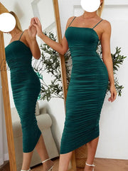 Hnewly Spaghetti Strap Ruched Madi Dress For Women Summer Sleeveless Backless Zipper Bodycon Long