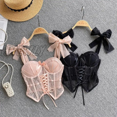 Hnewly Spaghetti Strap Tank Top For Women Strapless Build In Bra Lace Patchwrok Tulle Bow Camis