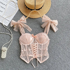 Hnewly Spaghetti Strap Tank Top For Women Strapless Build In Bra Lace Patchwrok Tulle Bow Camis