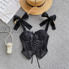 Hnewly Spaghetti Strap Tank Top For Women Strapless Build In Bra Lace Patchwrok Tulle Bow Camis