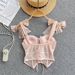 Hnewly Spaghetti Strap Tank Top For Women Strapless Build In Bra Lace Patchwrok Tulle Bow Camis