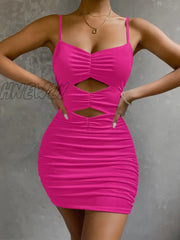 Hnewly Spaghetti Strap Women Sexy V Neck Bodycon Dress Hollow Out Pleated Party Nightclub Evening
