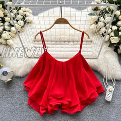 Hnewly Spaghetti Straps Ruffle Sleeveless Tanks And Camis Korean Fashion Corset Crop Tops Solid