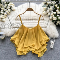 Hnewly Spaghetti Straps Ruffle Sleeveless Tanks And Camis Korean Fashion Corset Crop Tops Solid