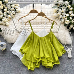 Hnewly Spaghetti Straps Ruffle Sleeveless Tanks And Camis Korean Fashion Corset Crop Tops Solid