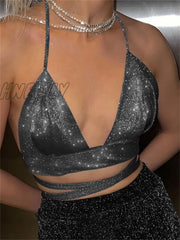 Hnewly Sparkle Halter Tops For Women Sexy Bandage Lace-Up Backless Corset Tank Camisole Party