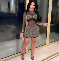 Hnewly Sparkle See Through Mesh Crystal Mini Dresses Womens Long Sleeve Zipper Back Skinny Party
