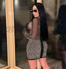 Hnewly Sparkle See Through Mesh Crystal Mini Dresses Womens Long Sleeve Zipper Back Skinny Party