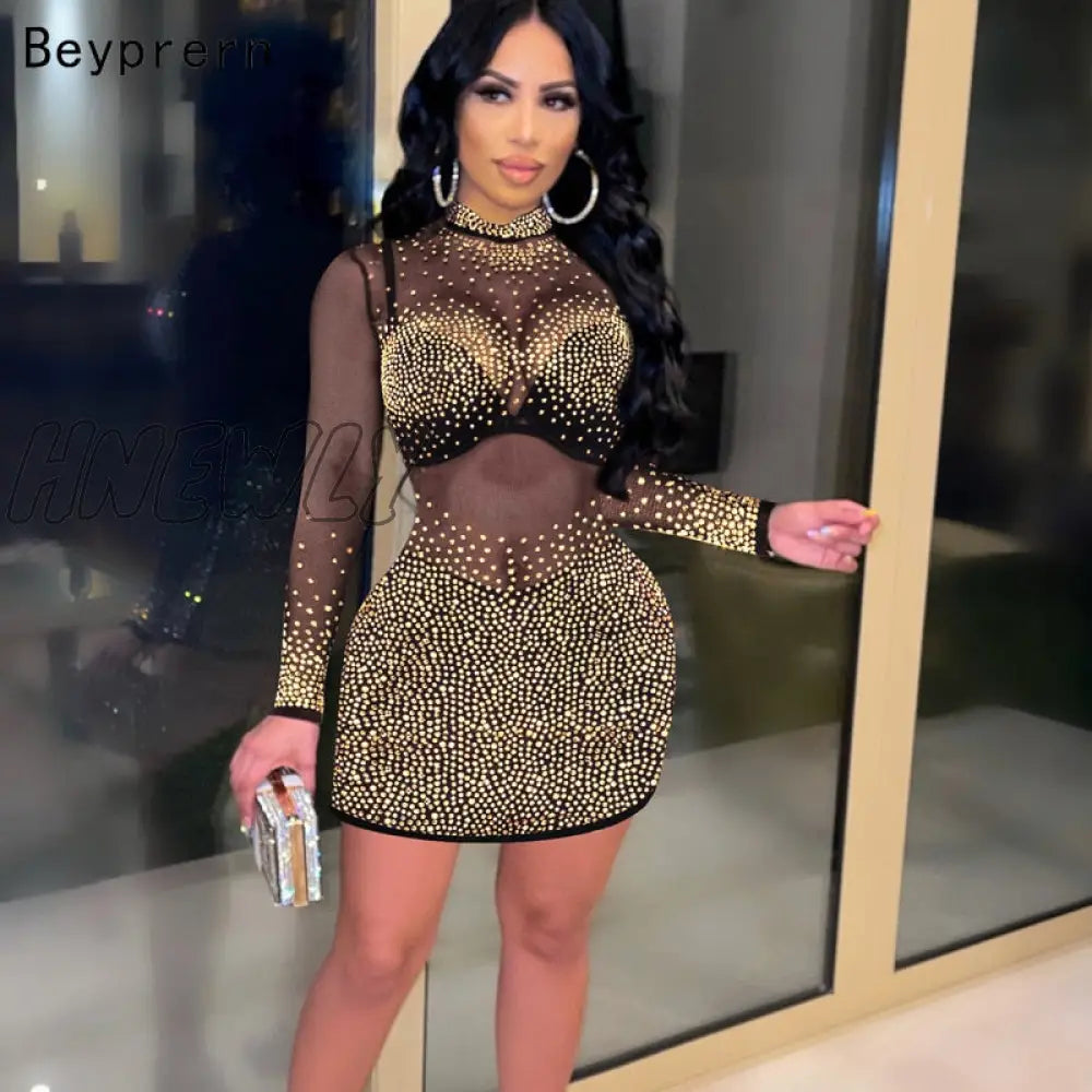 Hnewly Sparkle See Through Mesh Crystal Mini Dresses Womens Long Sleeve Zipper Back Skinny Party