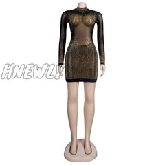 Hnewly Sparkle See Through Mesh Crystal Mini Dresses Womens Long Sleeve Zipper Back Skinny Party