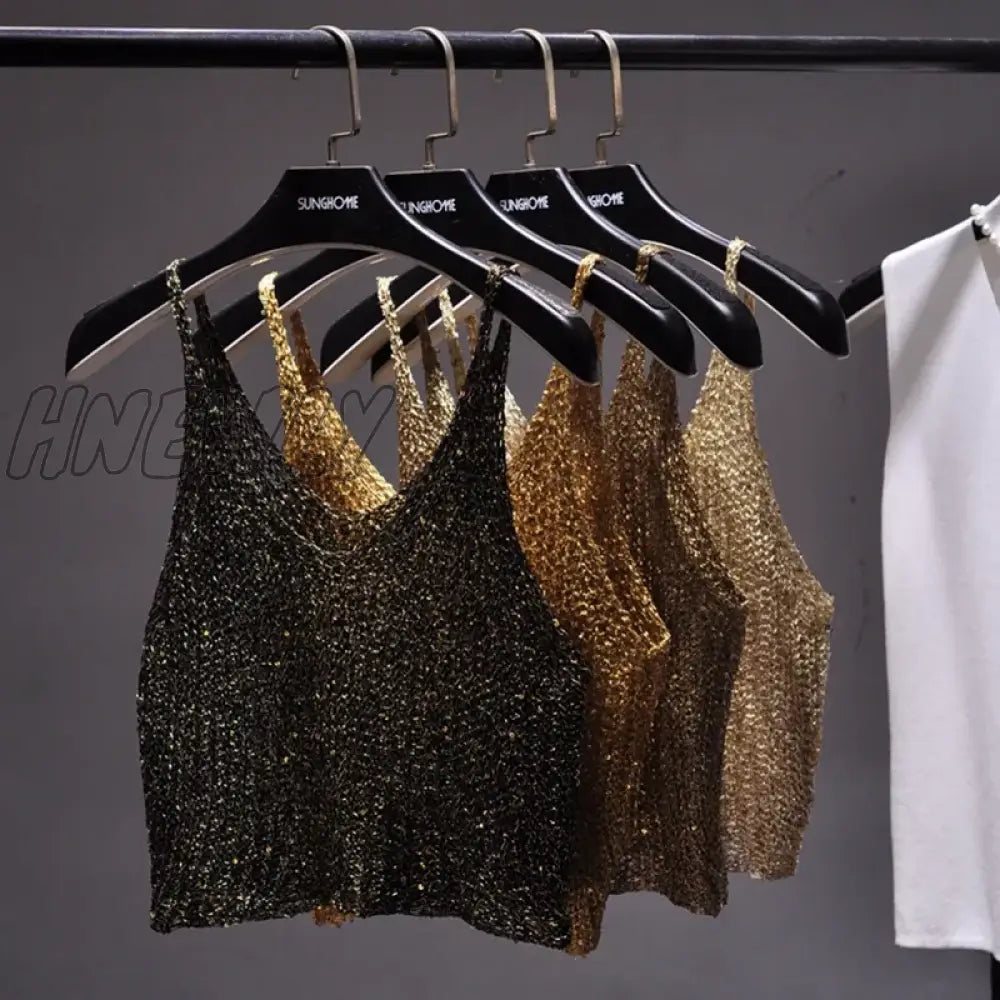 Hnewly Sparkling Sequins Half Waist Render Knitwear Hollow-Out Is Sexy Condole Top Cropped