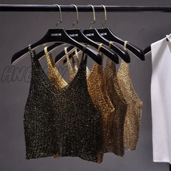 Hnewly Sparkling Sequins Half Waist Render Knitwear Hollow-Out Is Sexy Condole Top Cropped
