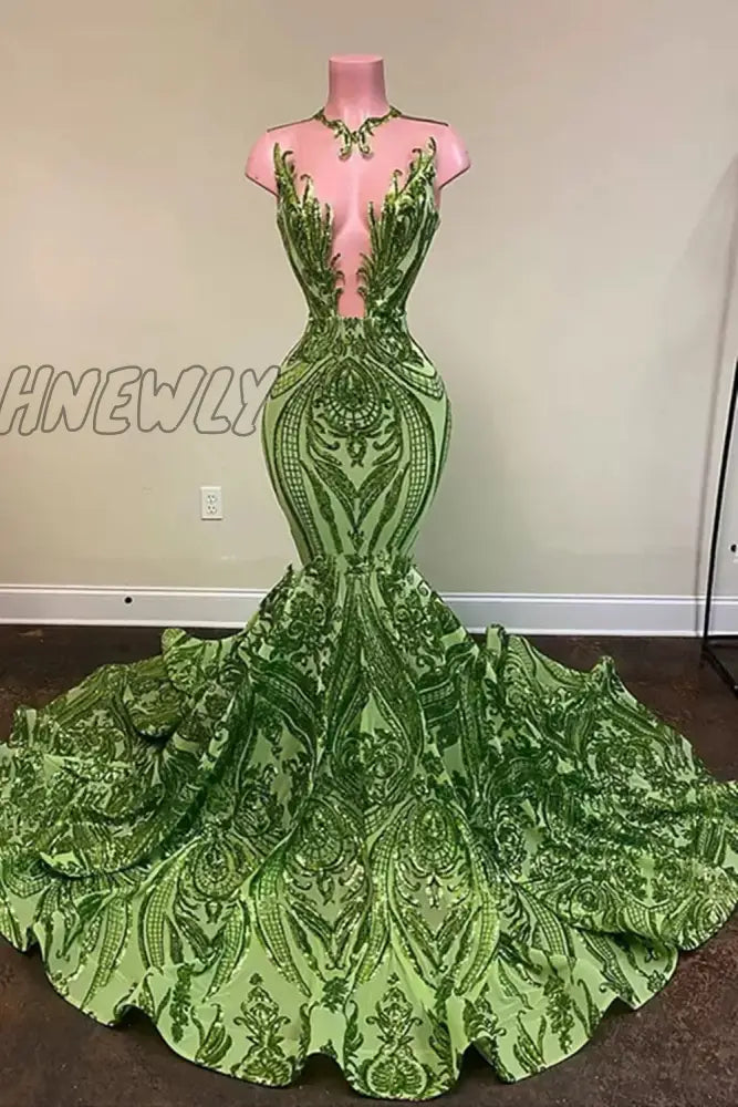 Hnewly Sparkly Sequin Olive Green Mermaid African Prom Dresses Black Girls Long Graduation Formal