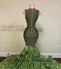 Hnewly Sparkly Sequin Olive Green Mermaid African Prom Dresses Black Girls Long Graduation Formal