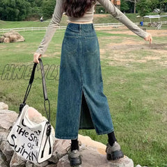 Hnewly Split Denim Skirt For Women 2024 Spring Summer New Y2K High Waist Long Female Vintage Blue