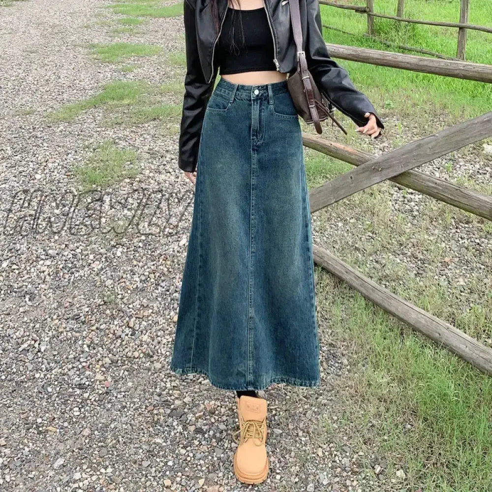 Hnewly Split Denim Skirt For Women 2024 Spring Summer New Y2K High Waist Long Female Vintage Blue