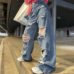 Hnewly Spring And Autumn Women’s Ripped Jeans High Waist Loose Straight Pants Wide Leg Y2K Street