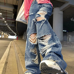Hnewly Spring And Autumn Women’s Ripped Jeans High Waist Loose Straight Pants Wide Leg Y2K Street