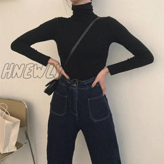 Hnewly Spring Autumn Long Sleeve Top Slim Knitted Bottoming Shirt Korean Fashion Black Turtleneck